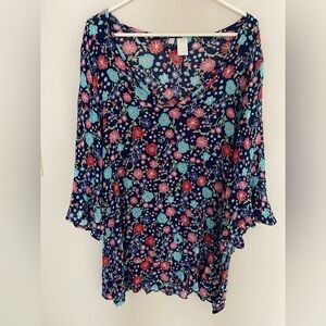 Anne Cole  L/S Boho Hippie Flowerchild Floral Cover Up Dress Beach Large